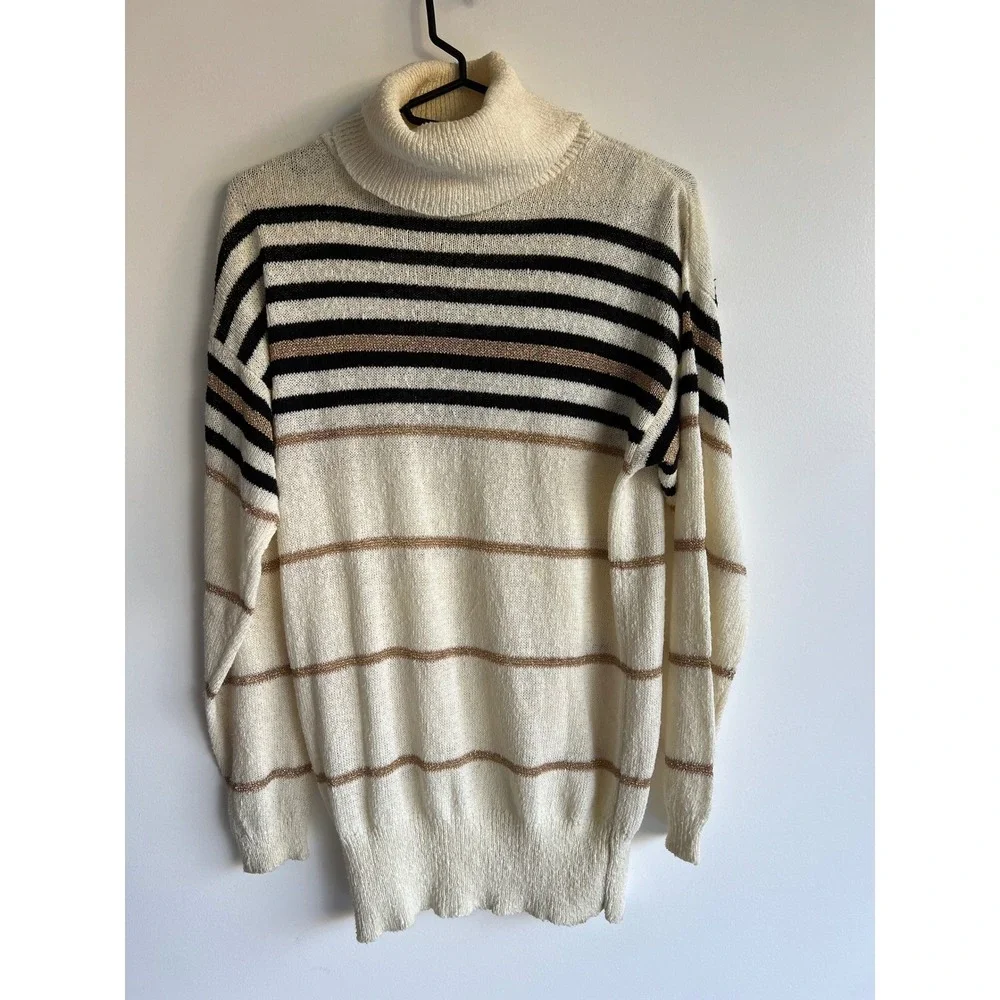 West Coast Connection Vintage Womens Striped Turtleneck Sweater Cream Gold‎ M
